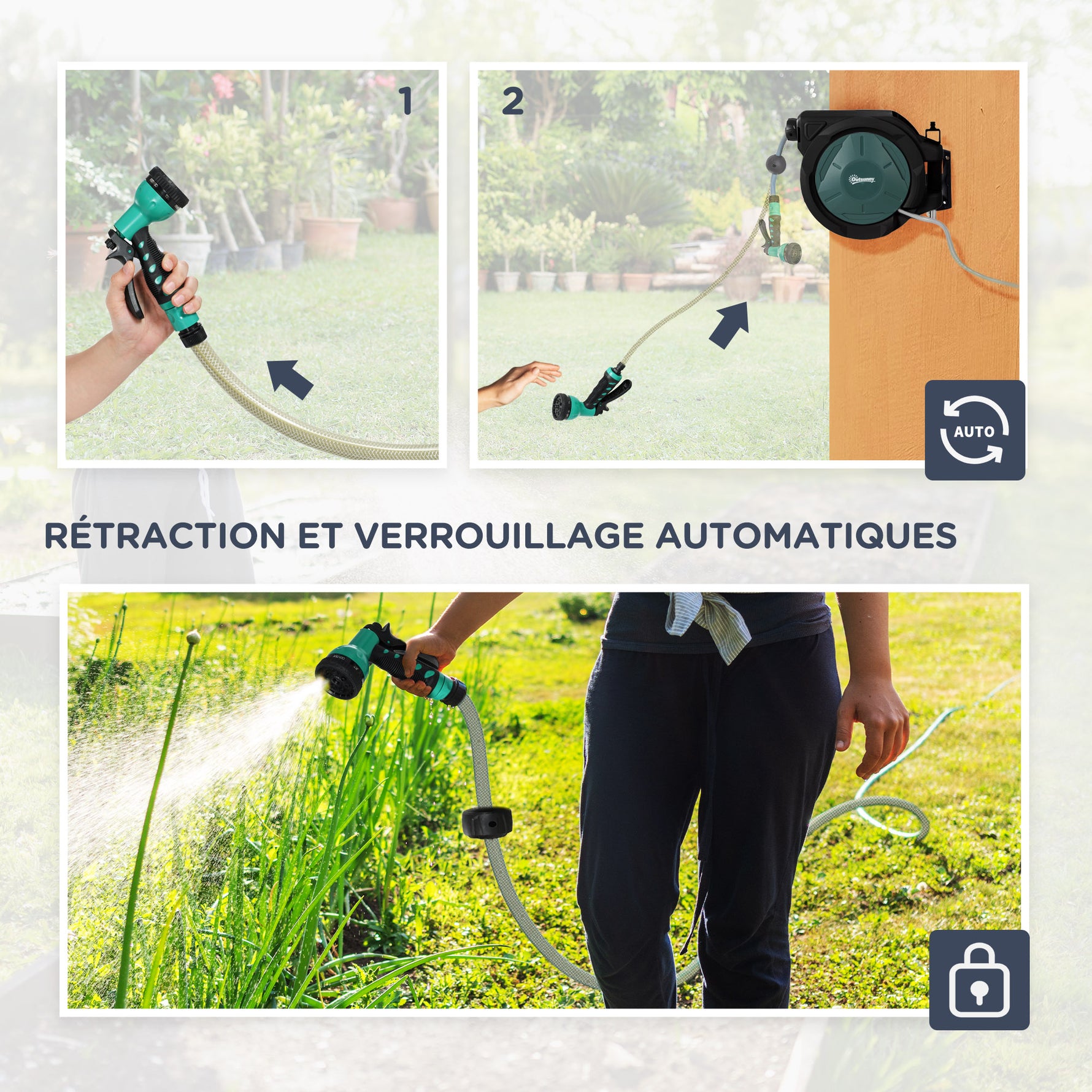 Enrouleur Tuyau Arrosage Mural 30 m x Ø 15 mm Dévidoir Automatique de Tuyaux d'Eau Rétractable Automatique vert