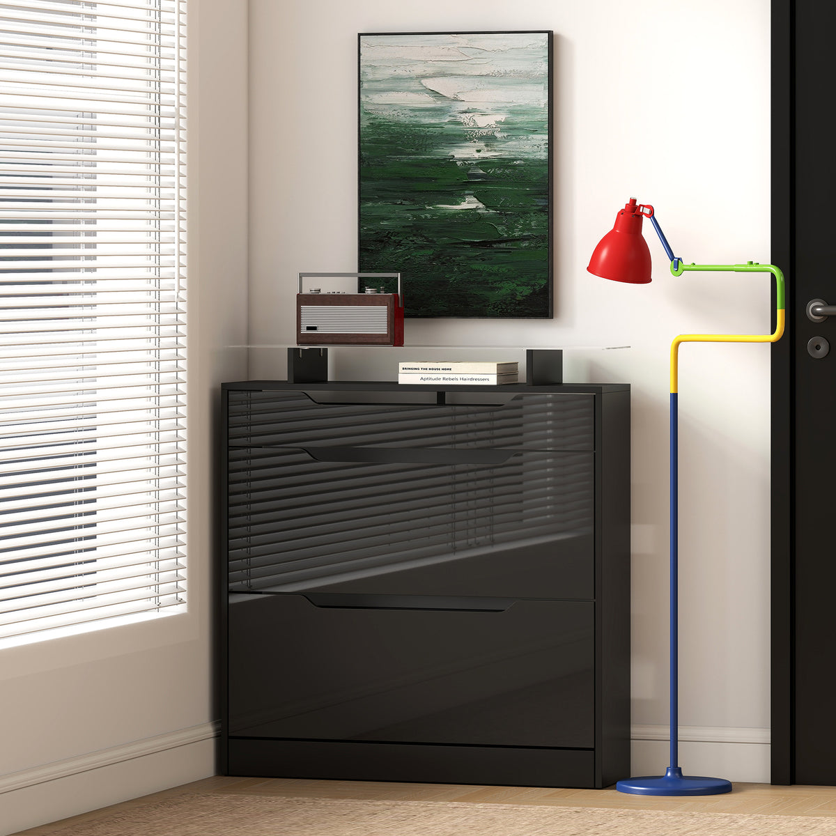 Schoenenkast, 2 kantelbare lades, 1 schuiflade, 1 werkblad, 89x23x96cm, Zwart
