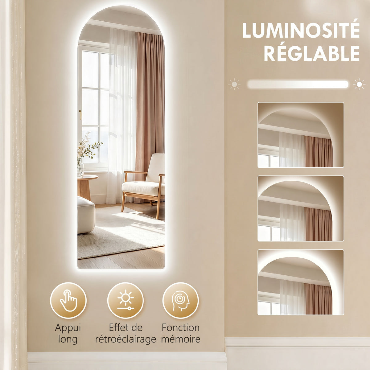 Grand miroir mural 120 x 40 cm avec éclairage LED miroir arqué, intensité variable et 3 couleurs d'éclairage transparent