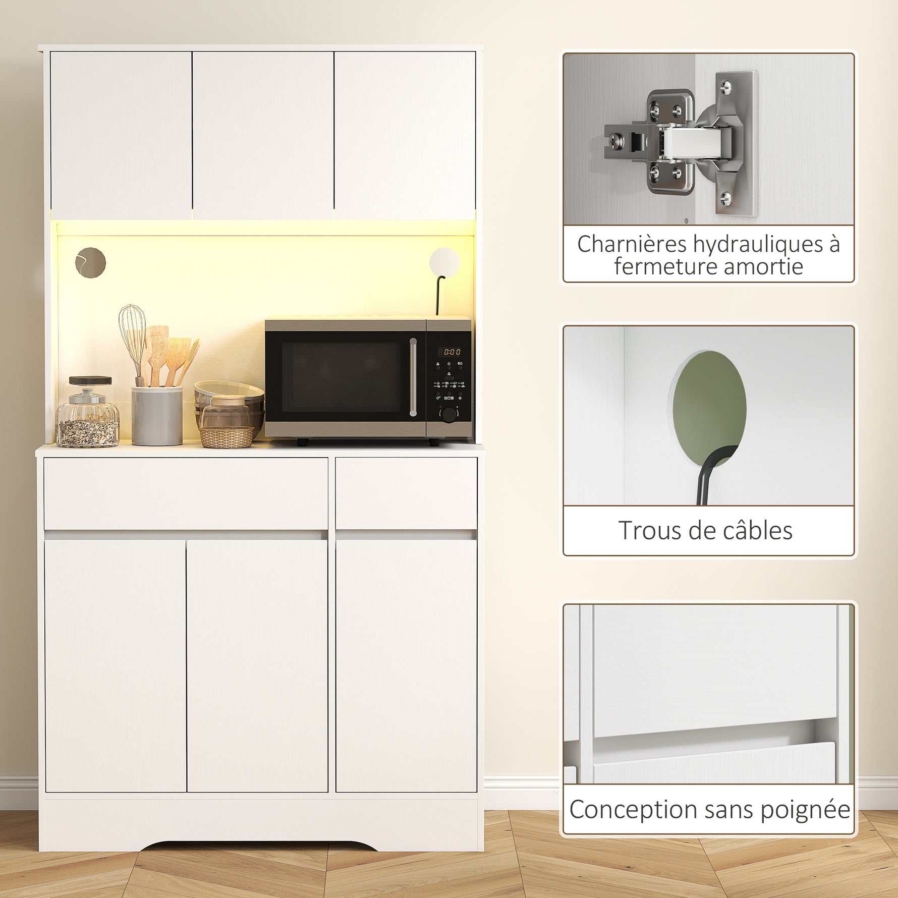 Buffet cuisine meuble cuisine rangement haut avec lumière LED RGB, plan de travail, 6 portes, 2 tiroirs, blanc