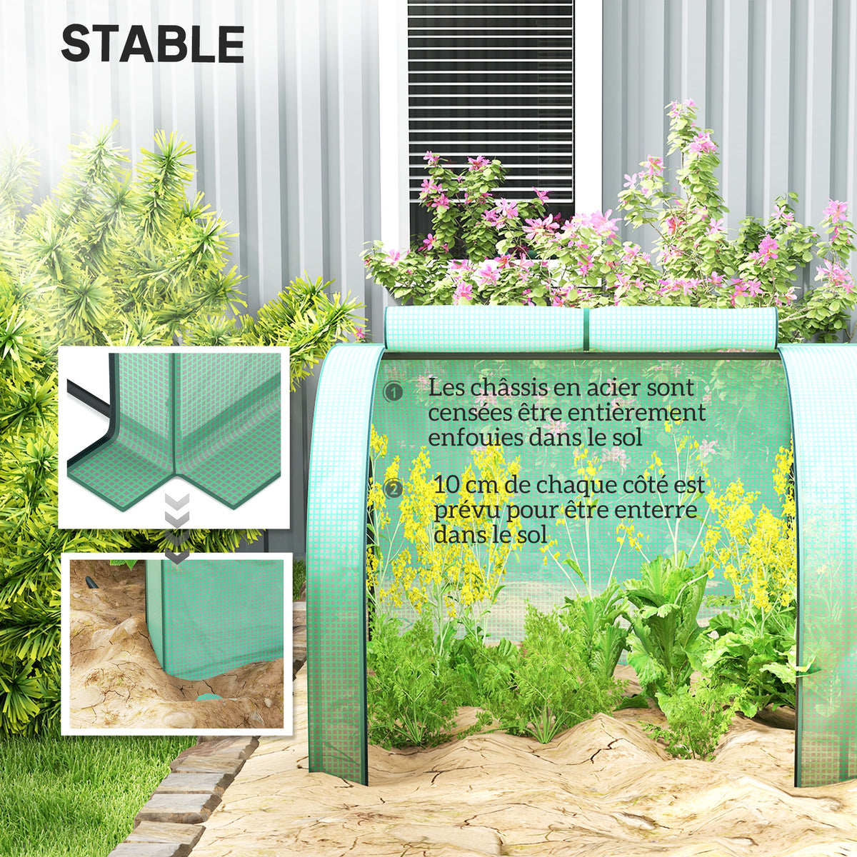 Mini serre de jardin serre à tomates 4 x 1 x 0,80 m acier PE anti-UV 4 portes avec zip enroulables vert