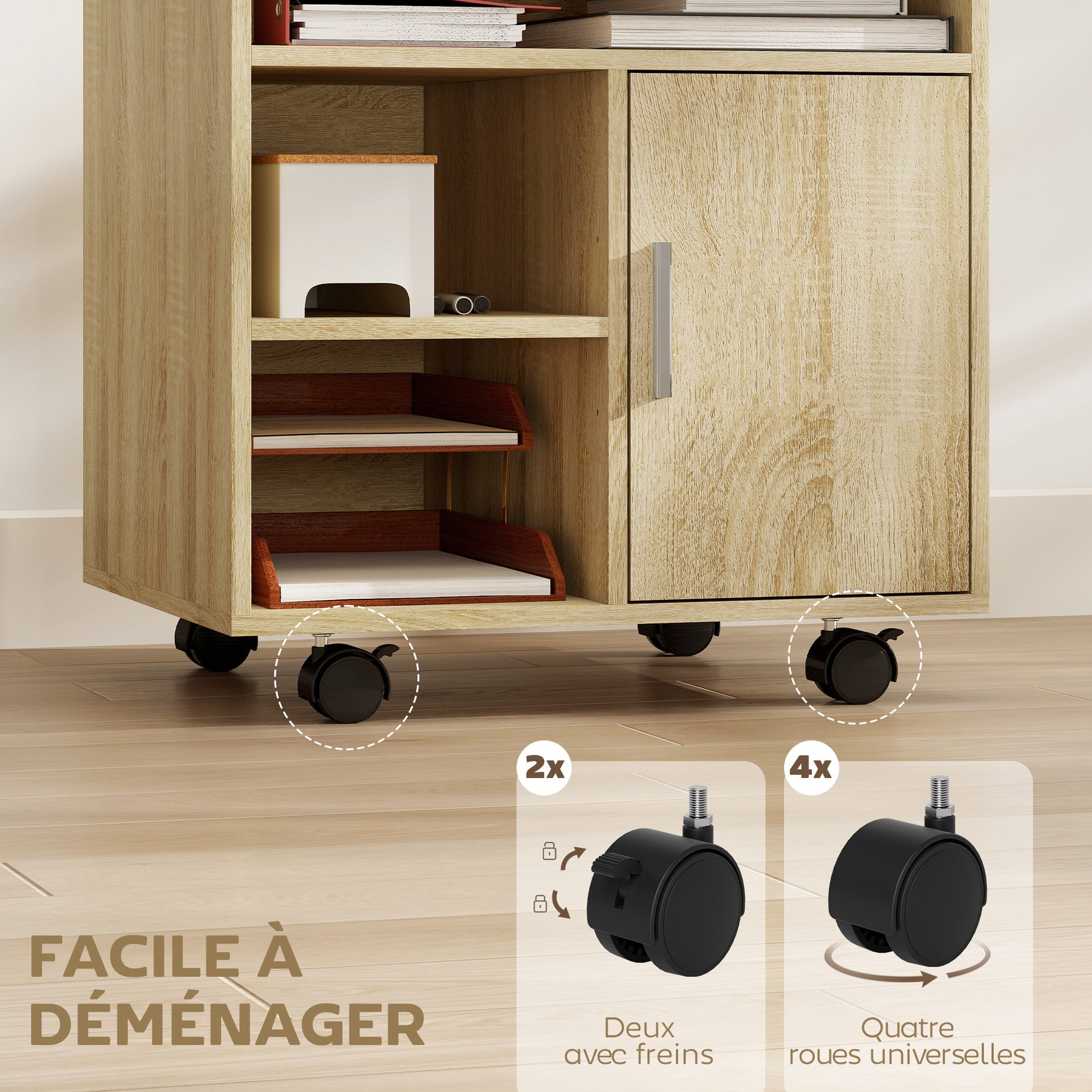 Support d'imprimante organiseur bureau caisson placard porte 3 niches + grand plateau panneaux particules bois naturel