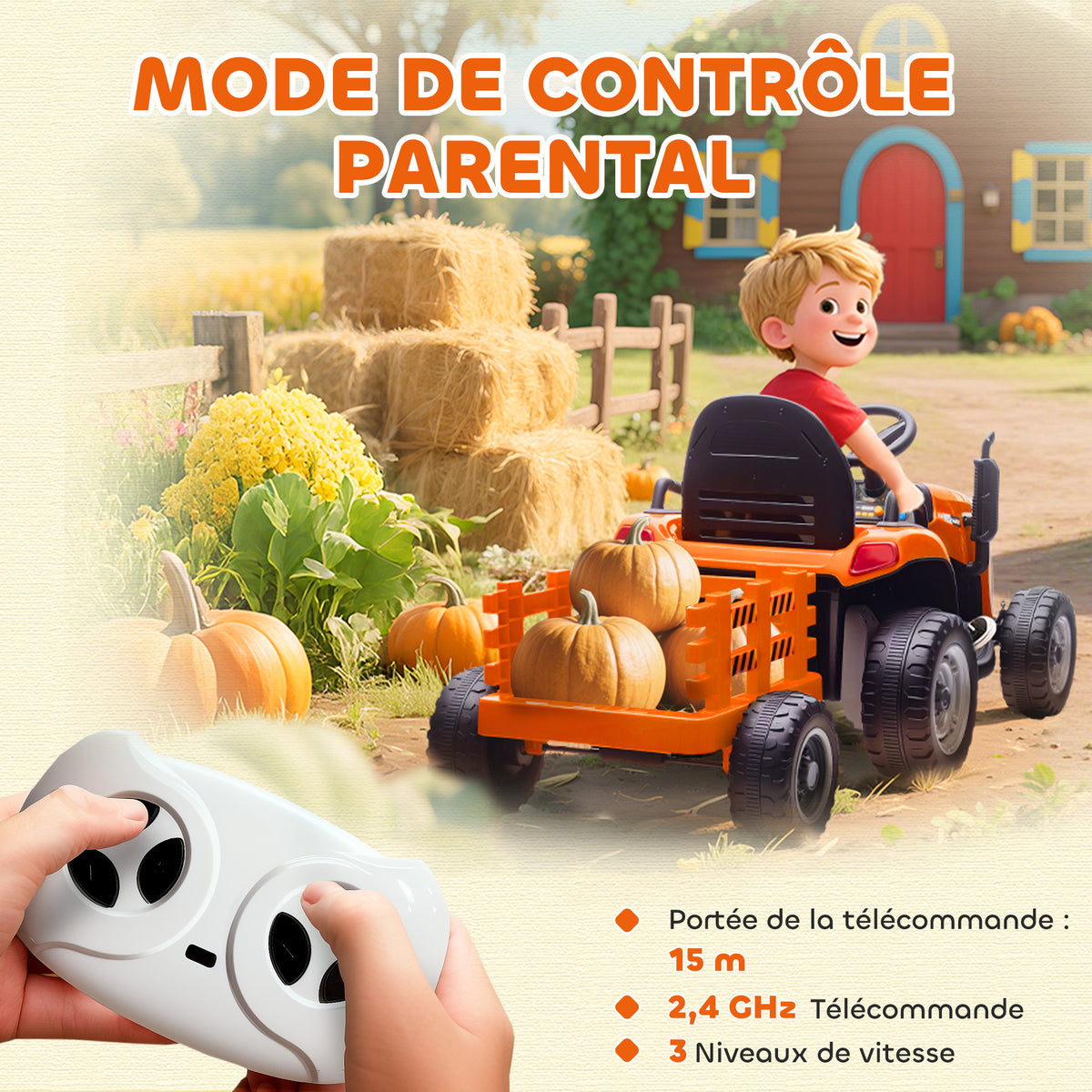 Elektrischer Kindertraktor mit abnehmbarem Anhänger, Elektroauto für Kinder, 2,4G-Fernbedienung, 139x58x55cm, orange