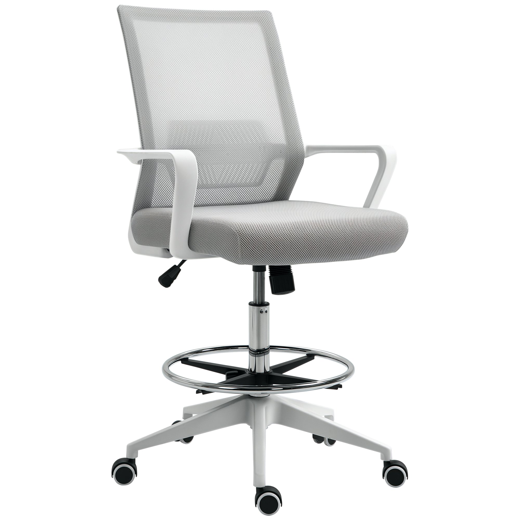 Fauteuil de bureau chaise de bureau assise haute réglable dim. 64L x 59l x 104-124H cm tabouret de bureau pivotant 360° maille respirante gris et blanc