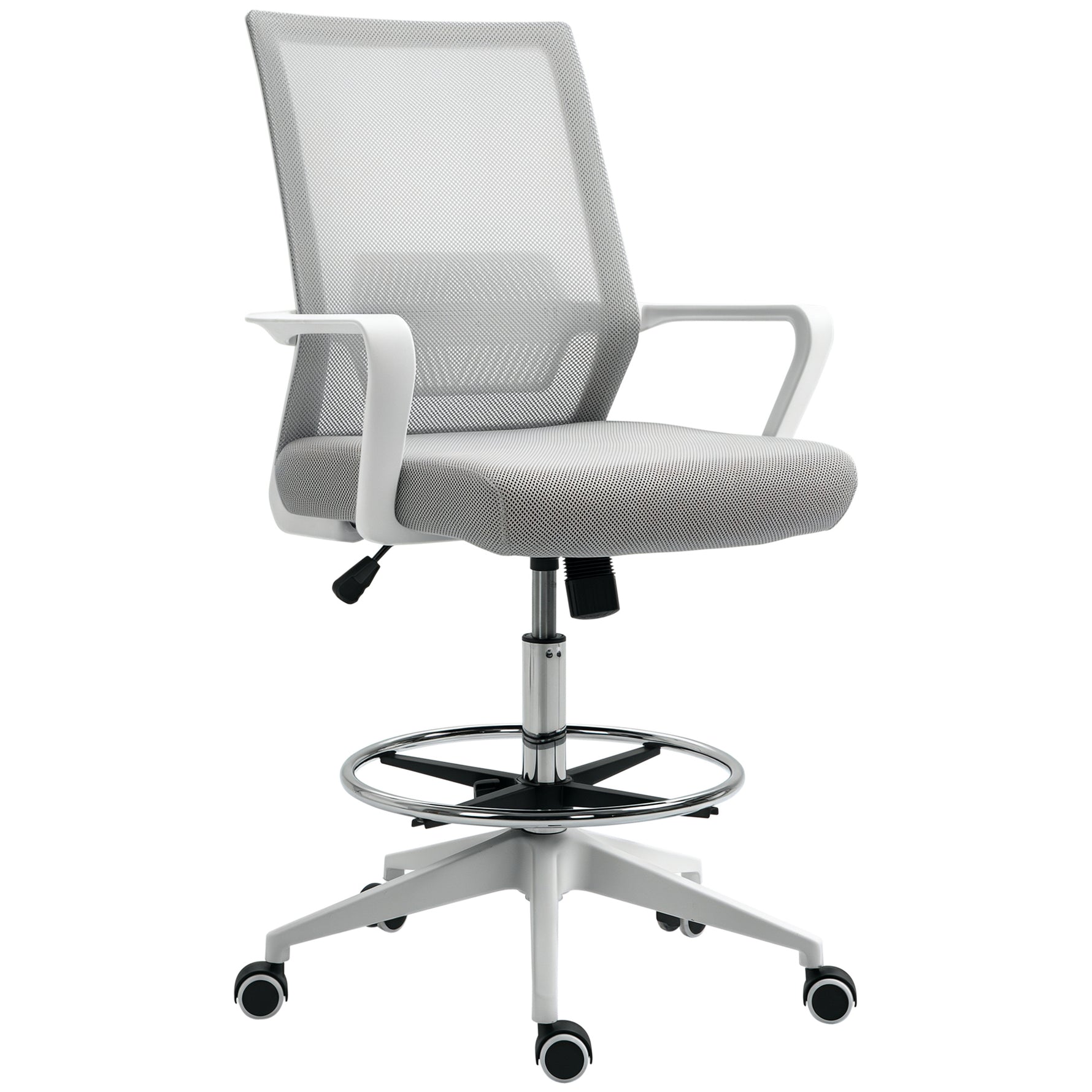Fauteuil de bureau chaise de bureau assise haute réglable dim. 64L x 59l x 104-124H cm tabouret de bureau pivotant 360° maille respirante gris et blanc
