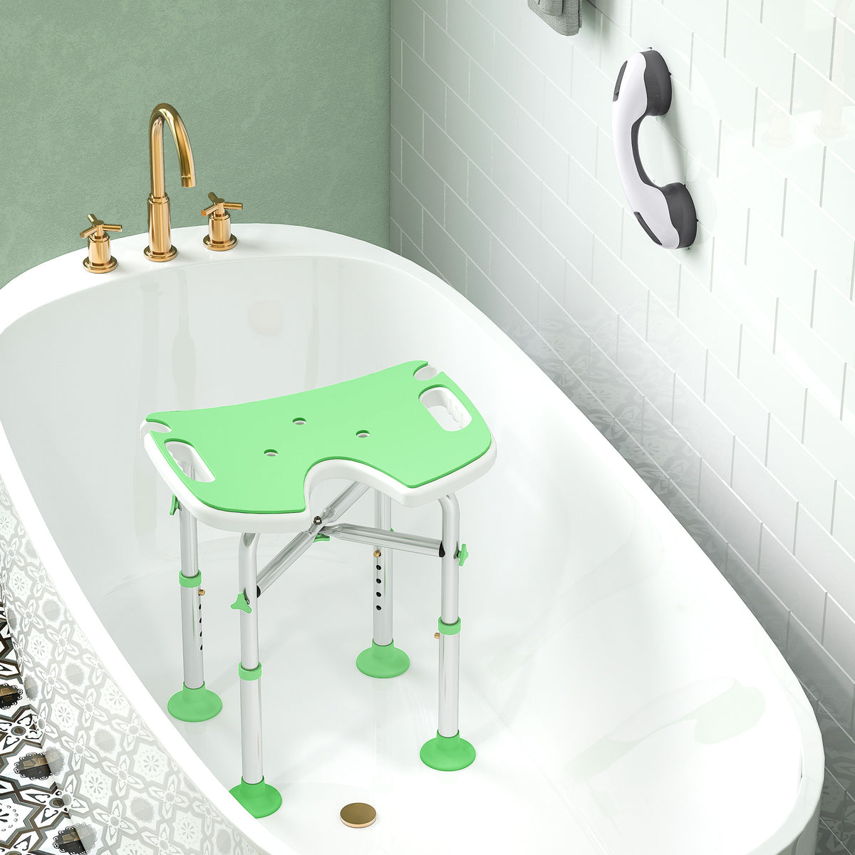 Tabouret de Douche, Hauteur Ajustable 39-51,5 cm, Barre d'Appui à Ventouse, Patins à Ventouse, Vert