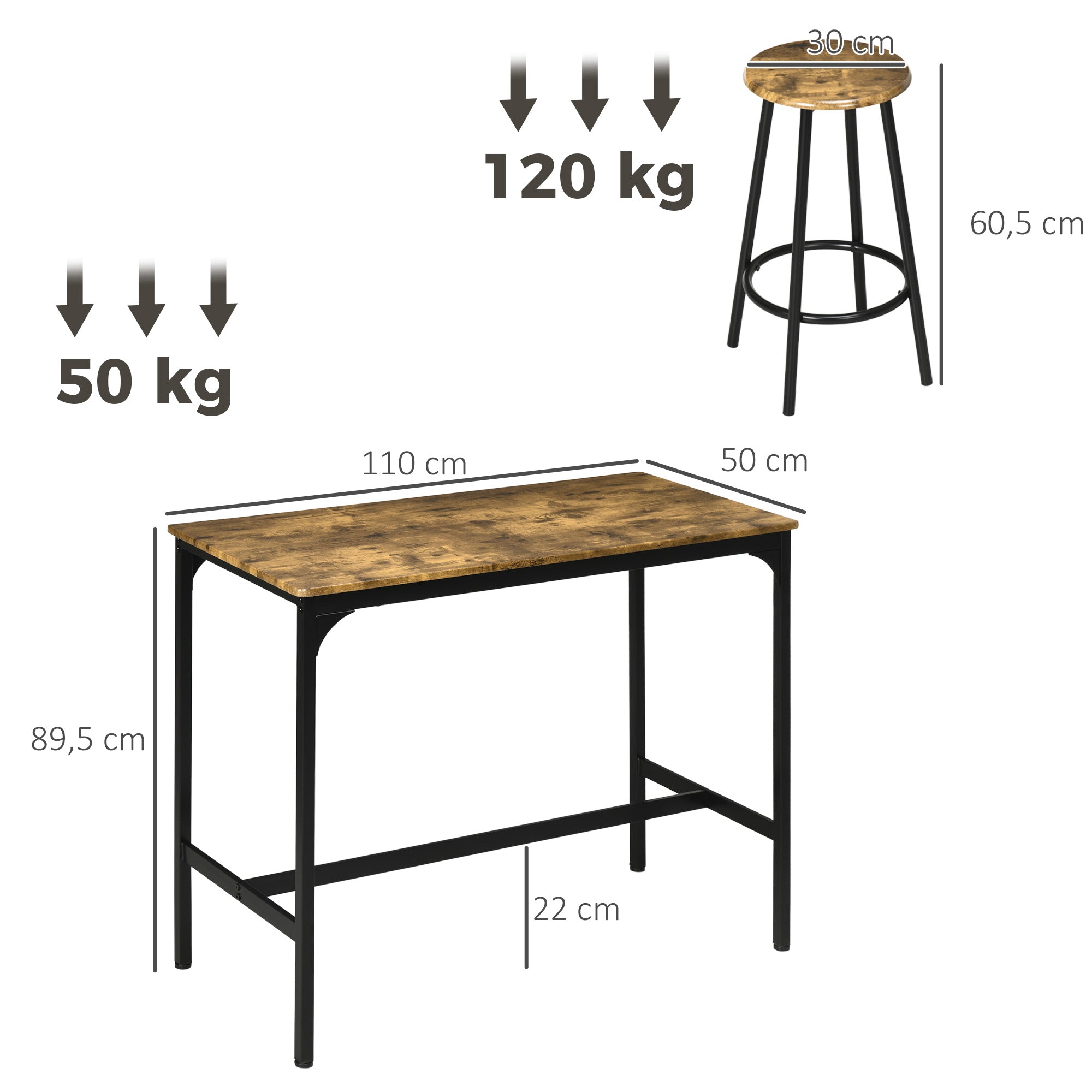 Ensemble table haute et 4 tabourets avec Repose-Pieds, métal noir et aspect bois pour cuisine salle à manger