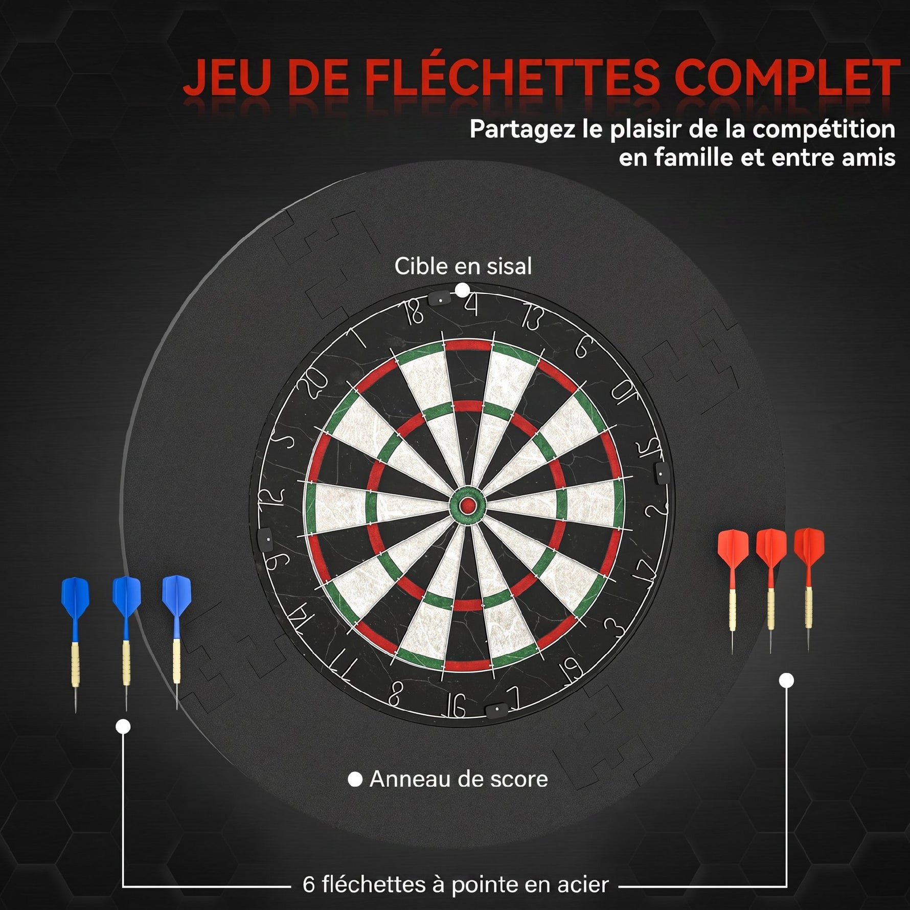 Cible de Fléchettes en Sisal Professionnelle avec Anneau de Protection EVA et 6 Fléchettes Pointe, Ø71,5x3,8cm, Noir