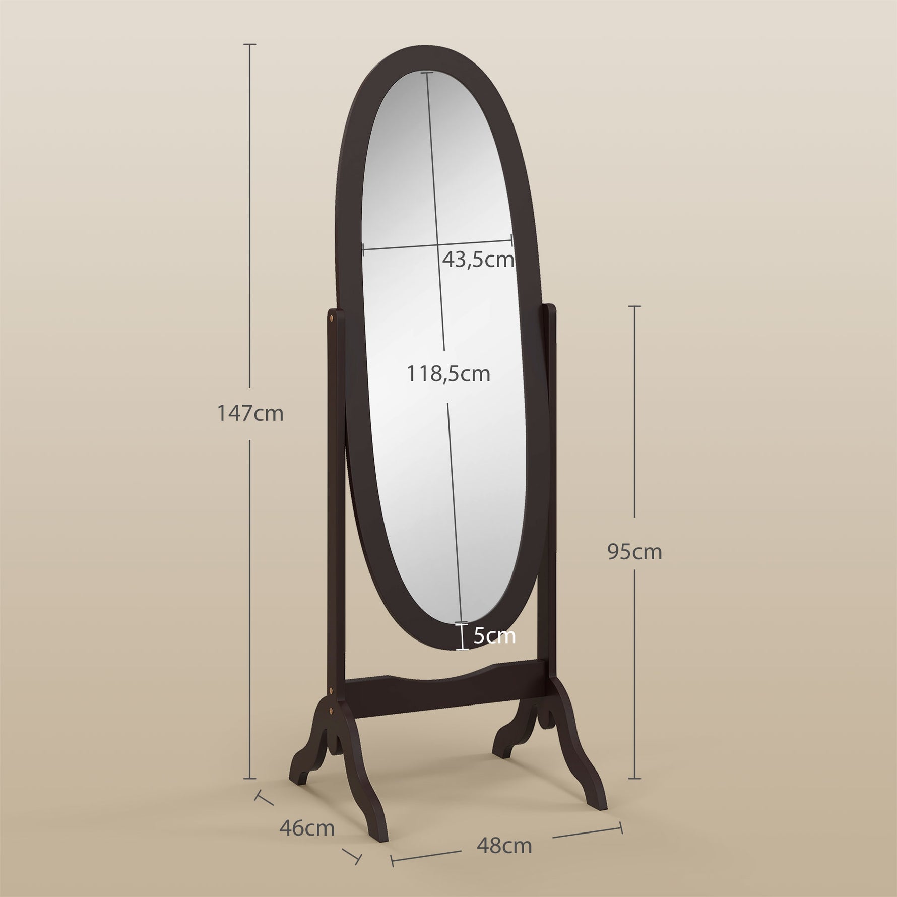 Miroir à pied ovale style shabby chic inclinaison réglable 48 x 46 x 147 cm mdf café