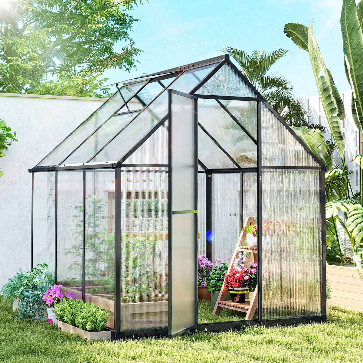 Serre de Jardin en Aluminium Polycarbonate, Montage Rapide, Fenêtre Réglable, Porte Battante, 178x168x195cm, Transparent