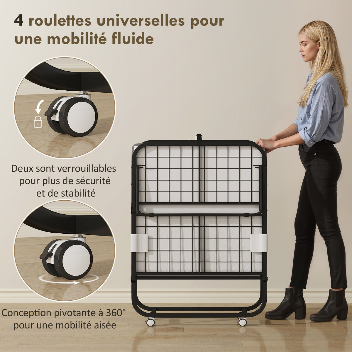 Lit pliant 1 personne 200 x 80 cm avec matelas, lit d'appoint pliable et portable sur roulettes, cadre en acier, blanc