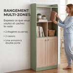 Bibliothèque à 5 niveaux, meuble de rangement, étagère à livres avec 2 portes, 60 x 30 x 161,2 cm vert et bois naturel