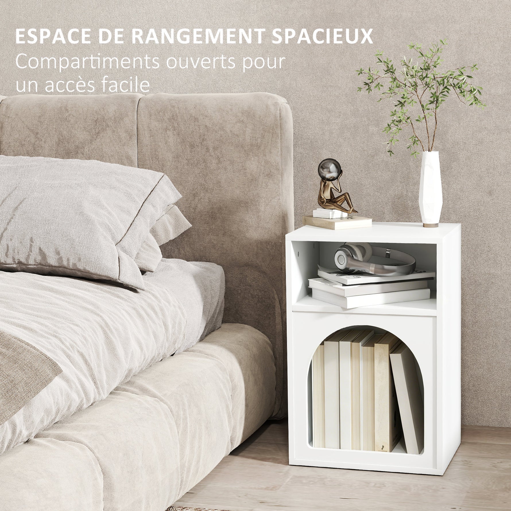 Lot de 2 tables de chevet, table de nuit avec compartiments ouverts, design arqué, 40 x 30 x 60 cm, blanc