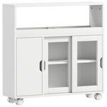 Meuble de Salle de Bain sur Roulettes, Portes en Verre Trempé, Compartiment Ouvert, Étagère Réglable, 71x20x70cm, Blanc