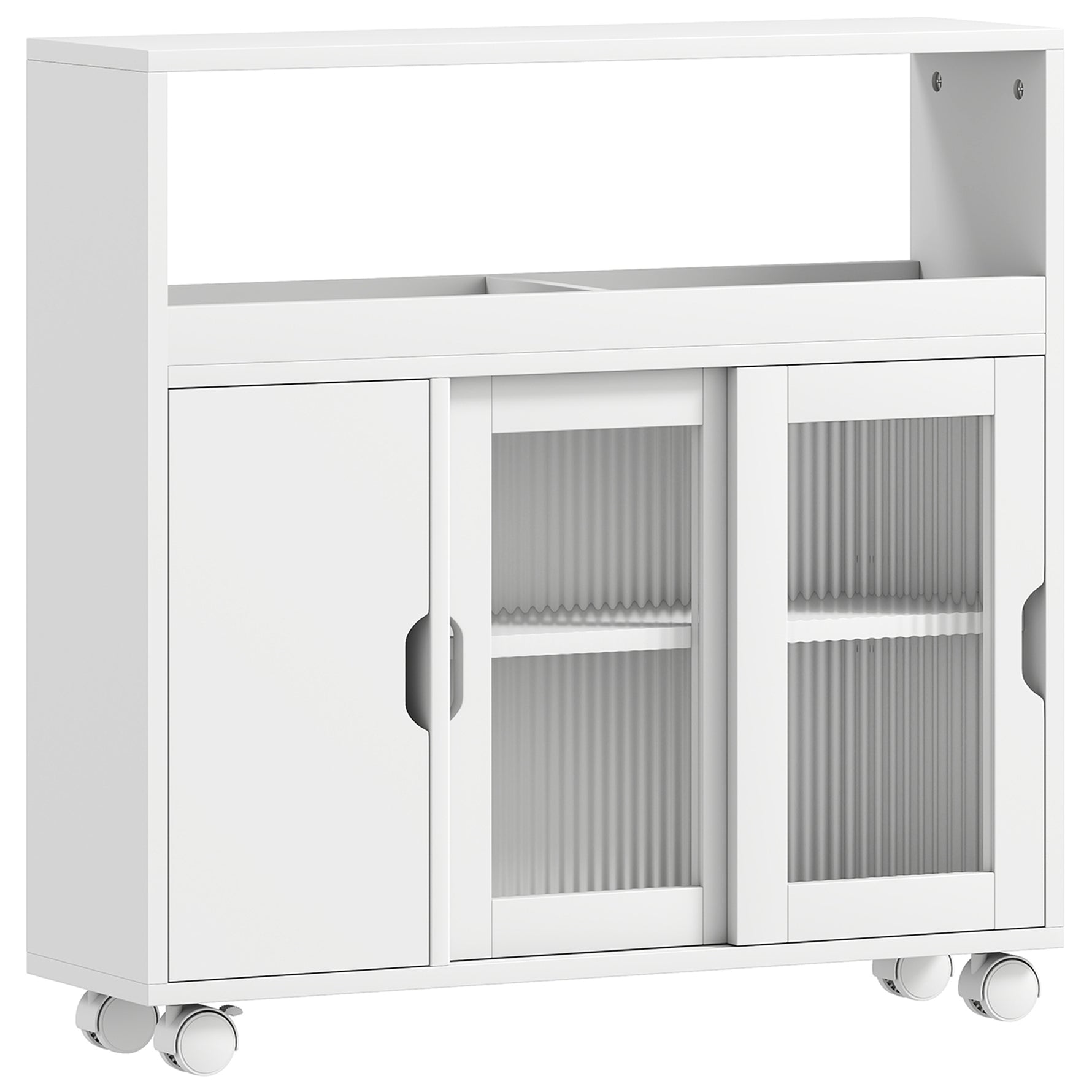 Meuble de Salle de Bain sur Roulettes, Portes en Verre Trempé, Compartiment Ouvert, Étagère Réglable, 71x20x70cm, Blanc