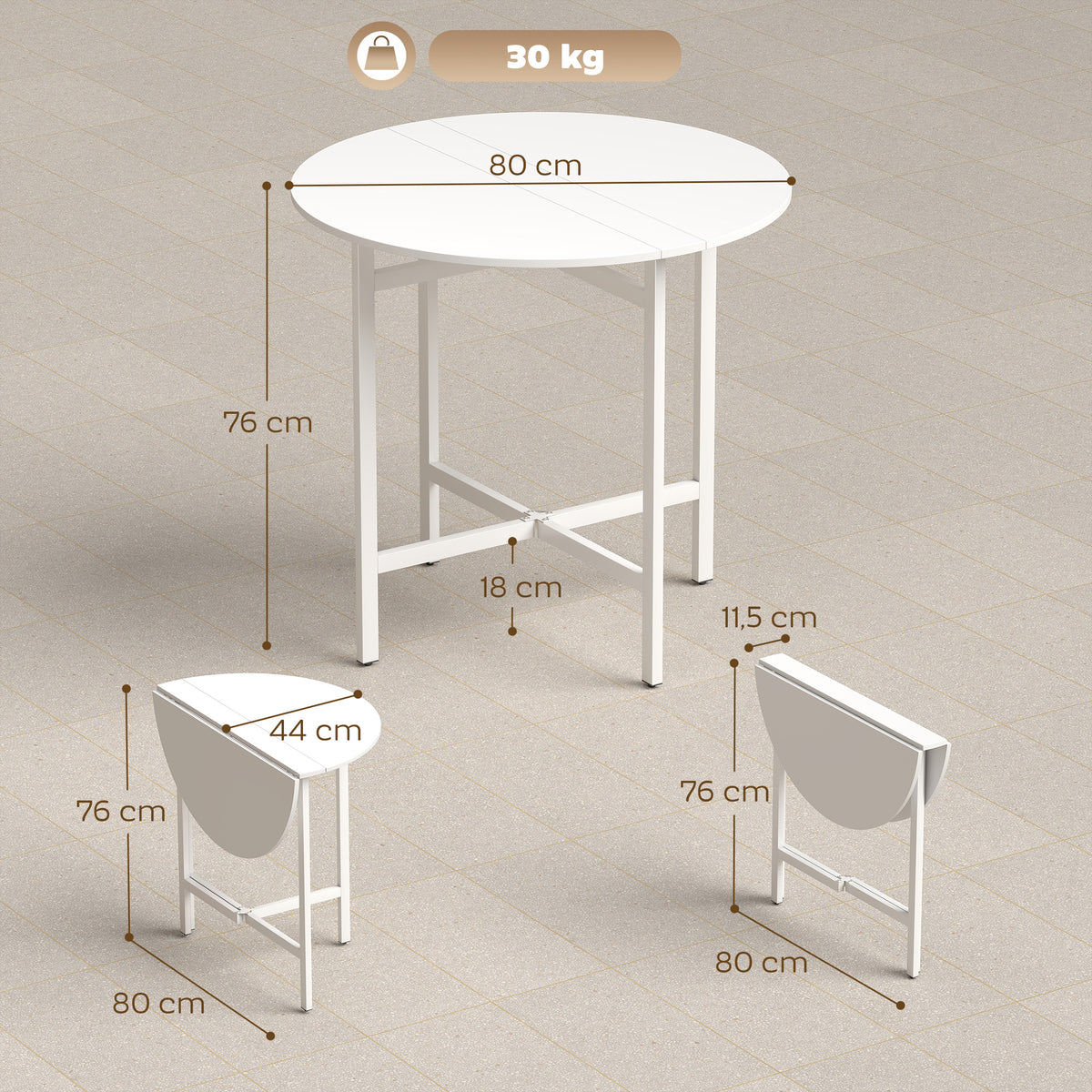 Tavolo da pranzo pieghevole, tavolo da cucina rotondo Ø 80 cm per 4 persone con 2 ribalte, gambe in acciaio, bianco