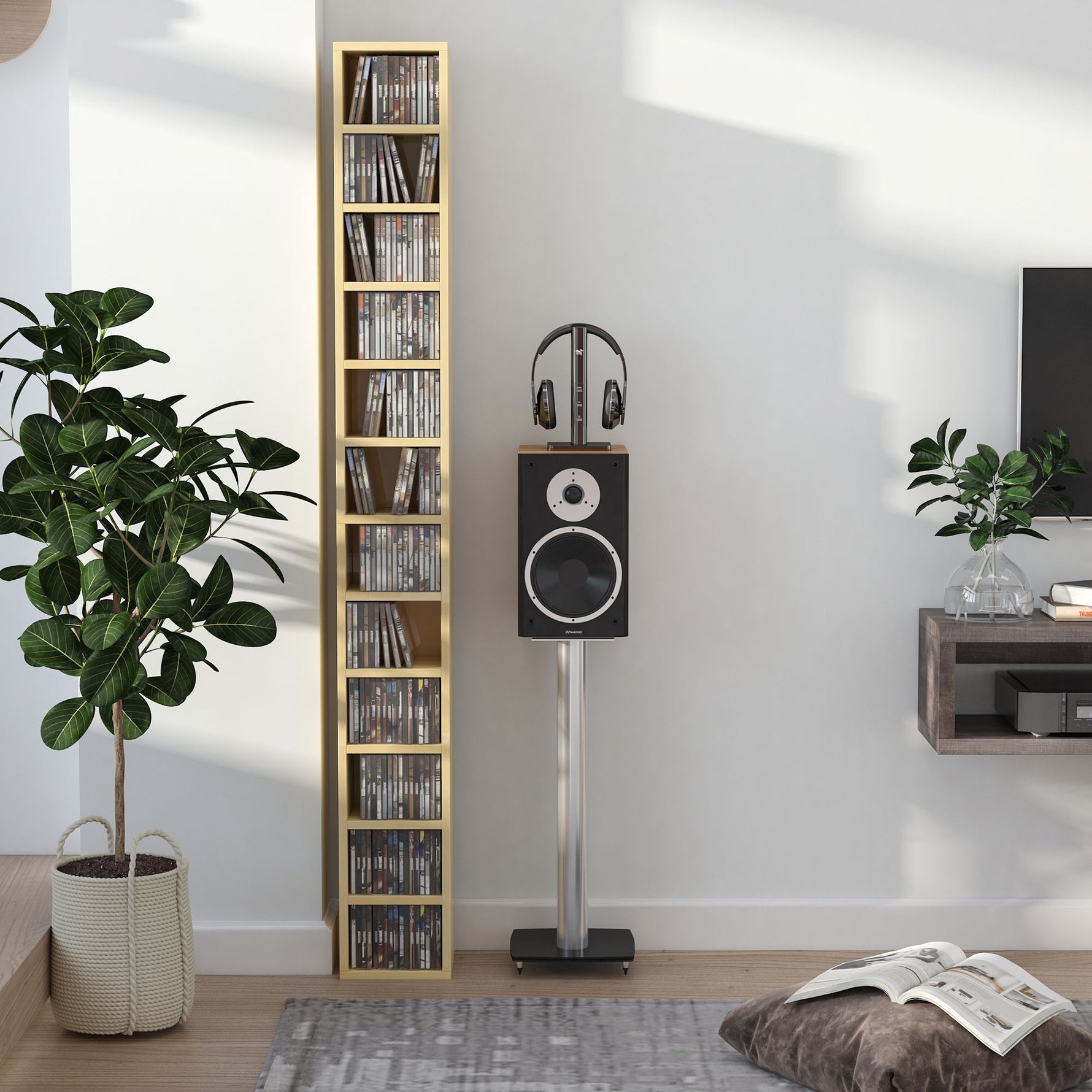 Rangements pour CD et DVD, étagère colonne de rangement, meuble de rangement bois naturel