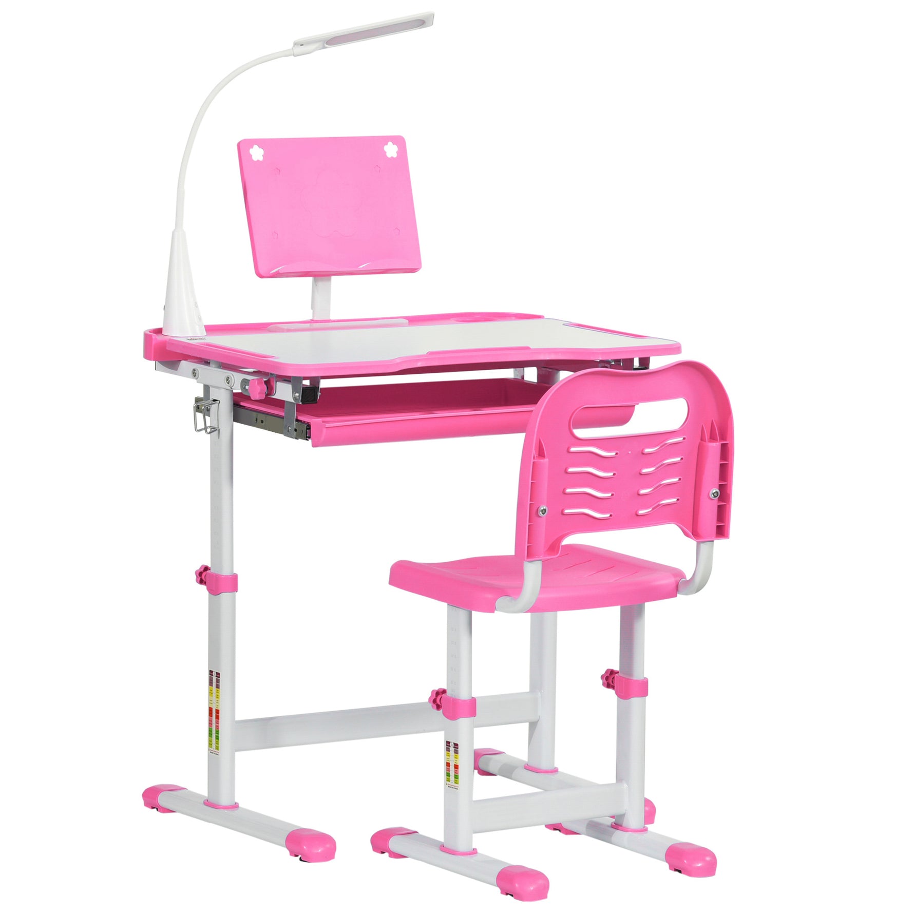 Ensemble chaise et bureau pour enfants avec lampe LED hauteur réglable plateau incliné support de lecture rose