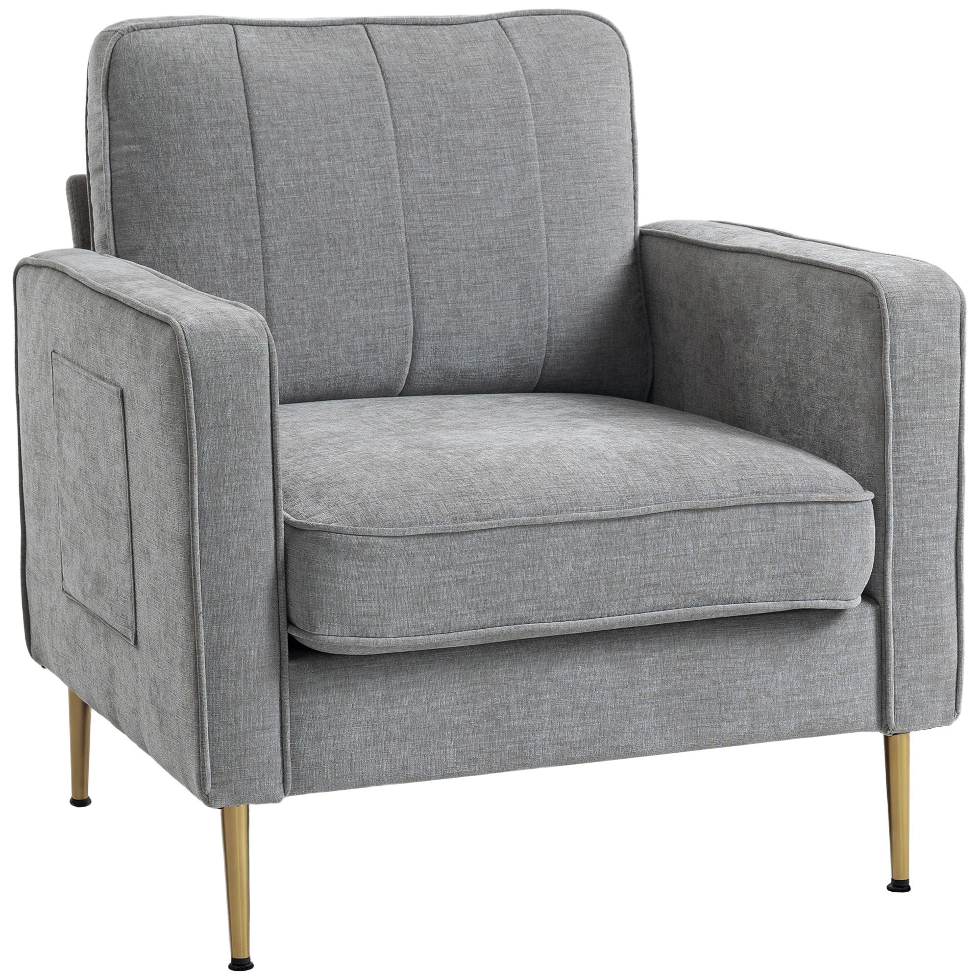 Fauteuil en tissu avec pieds en acier doré, grand confort, pochettes latérales, pour salon, bureau, chambre, gris