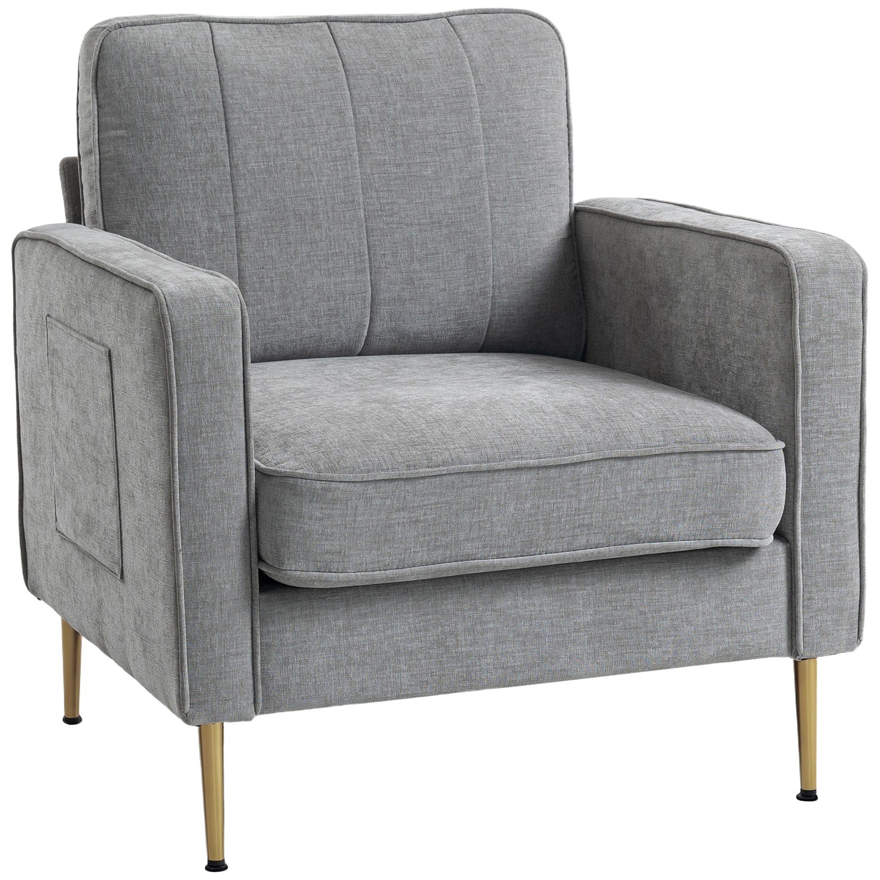 Fauteuil en tissu avec pieds en acier doré, grand confort, pochettes latérales, pour salon, bureau, chambre, gris