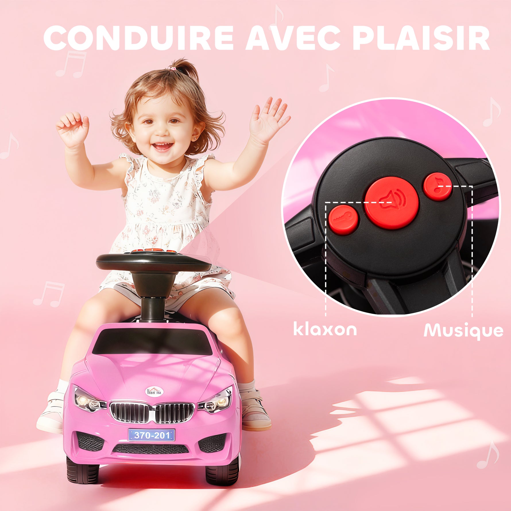Porteur enfants voiture, véhicule à pousser avec coffre à jouets, klaxon, phares et musique, 63,5 x 28 x 36 cm, rose