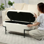 Banc de rangement, banc coffre de rangement en tissu bouclette avec couvercle relevable et pieds en acier, crème
