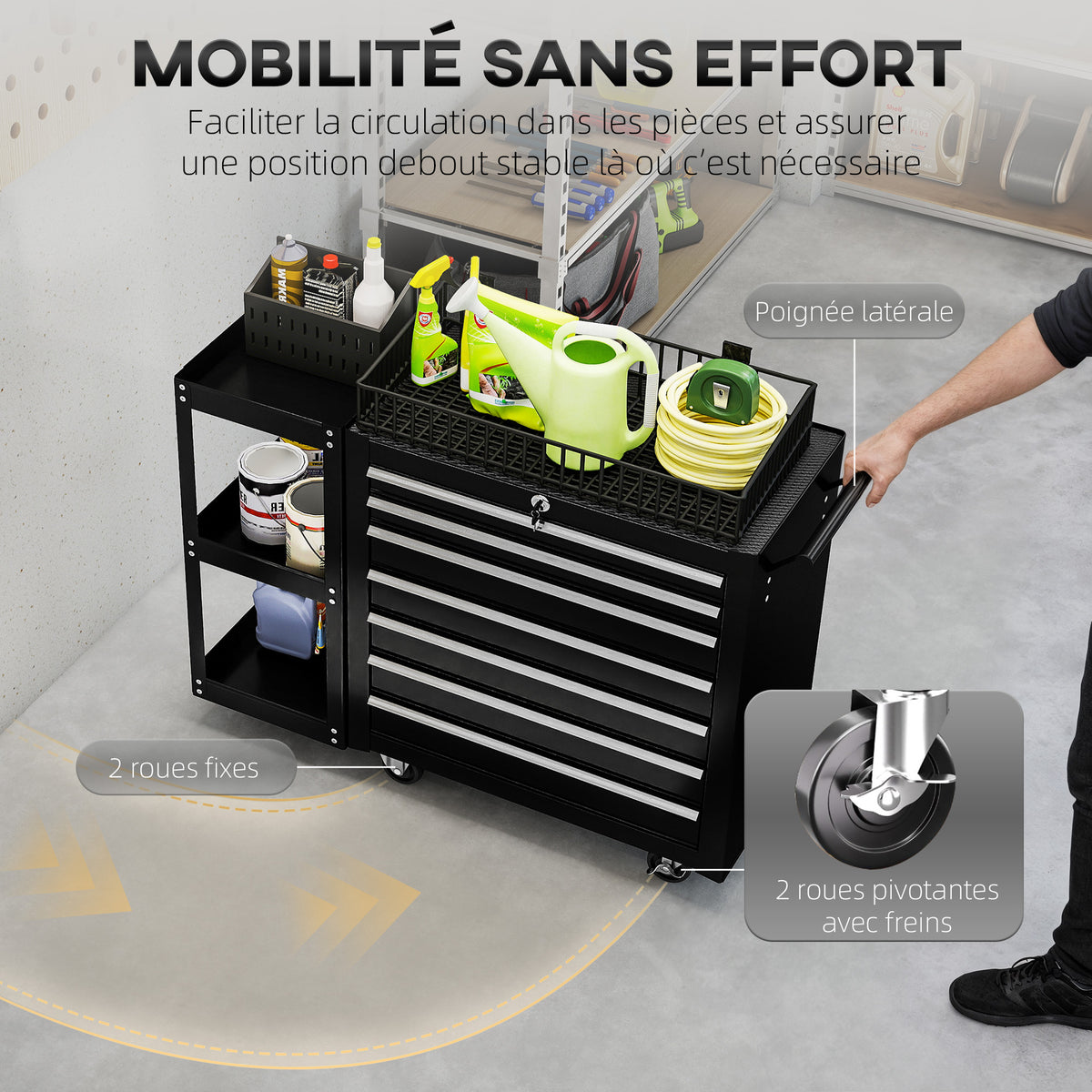 Servante d'Atelier en Acier à 7 Tiroirs, Chariot à Outils sur Roulettes avec Étagère Latérale Amovible, Noir