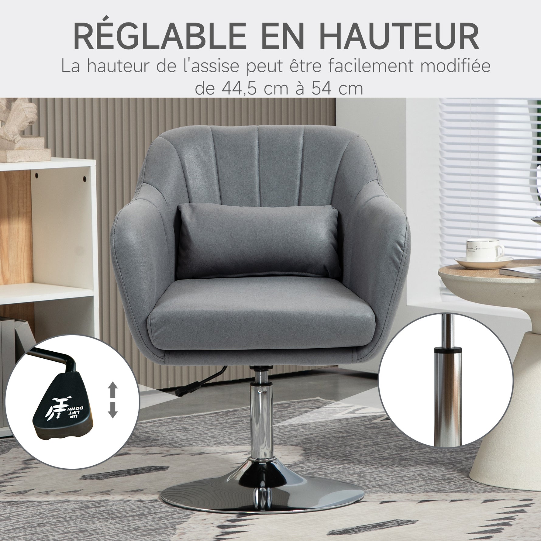 Fauteuil de salon coussins lombaires hauteur réglable pivotant 360° piètement en métal gris foncé