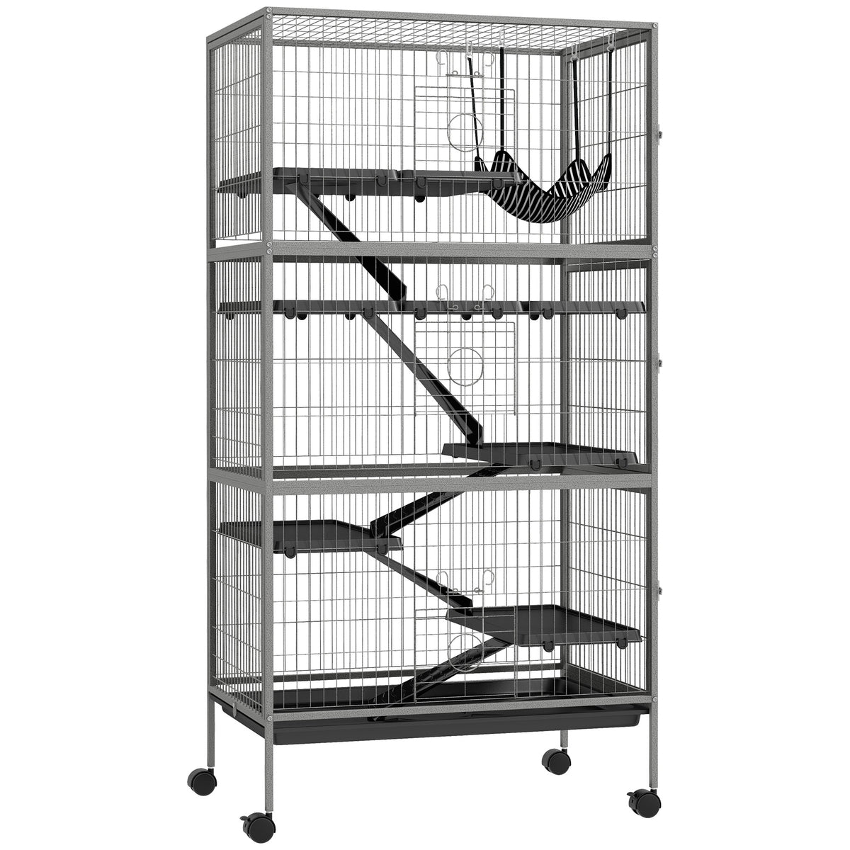 Cage pour rongeurs multifonction 4 plateformes 3 rampes 4 portes dim. 80L x 52l x 159H cm acier gris argenté noir