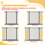 Barrière de Sécurité Chien Réglable 76-107 cm, avec 2 Rallonges (10/15 cm), Ouverture d'une Main, sans Perçage, Noir