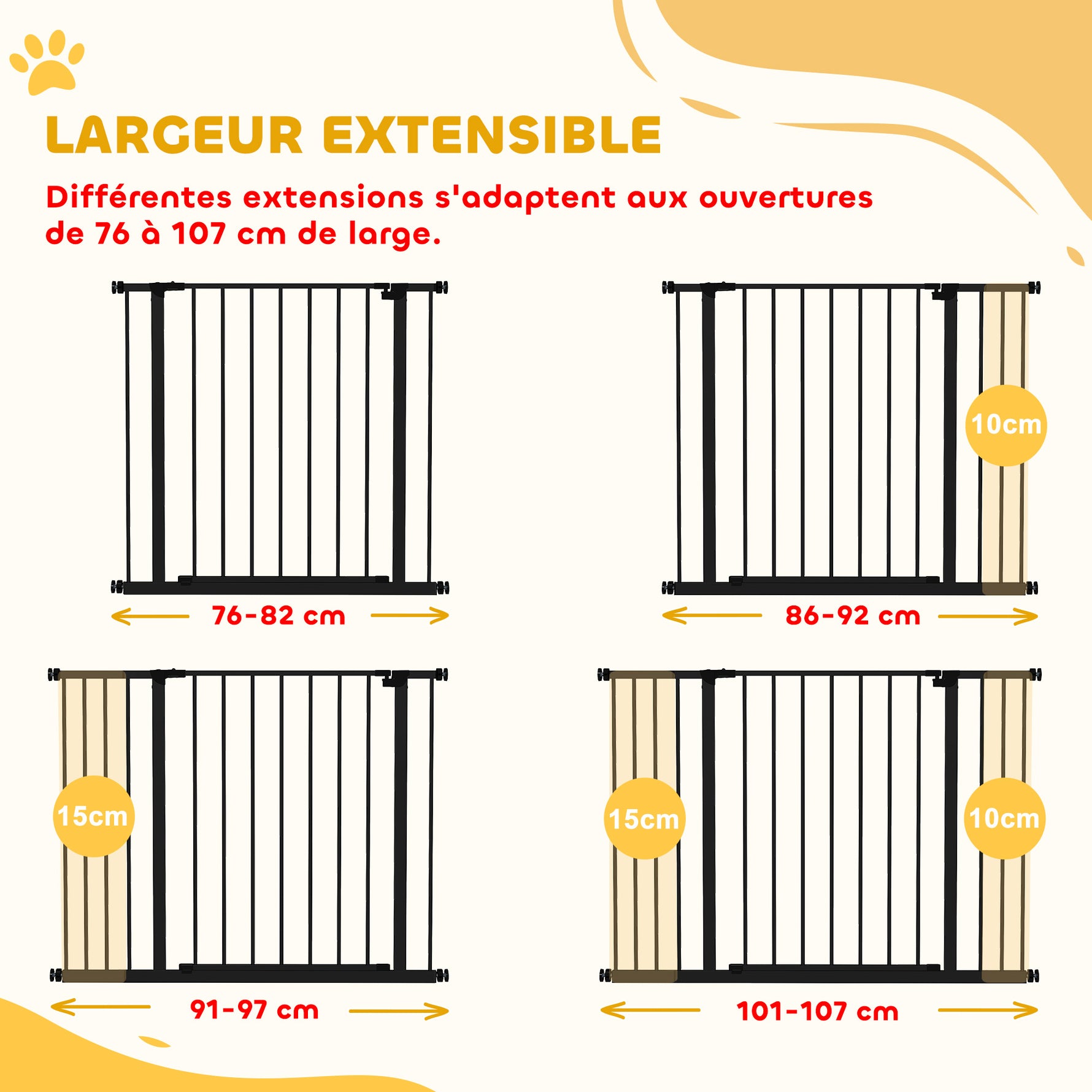 Barrière de Sécurité Chien Réglable 76-107 cm, avec 2 Rallonges (10/15 cm), Ouverture d'une Main, sans Perçage, Noir