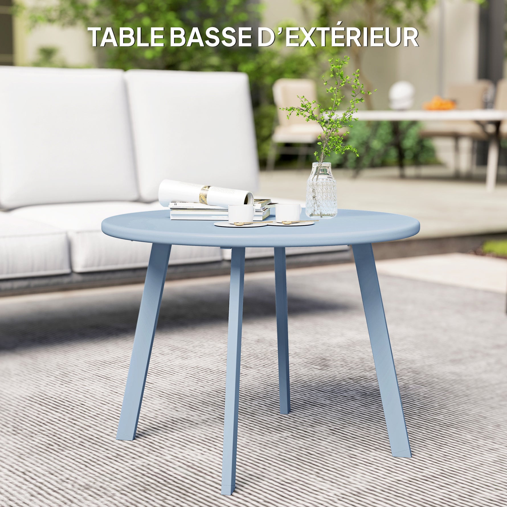 Petite table basse ronde, table d'appoint avec patins antidérapants, cadre en métal, pour jardin, Ø 70 x 42 cm, bleu