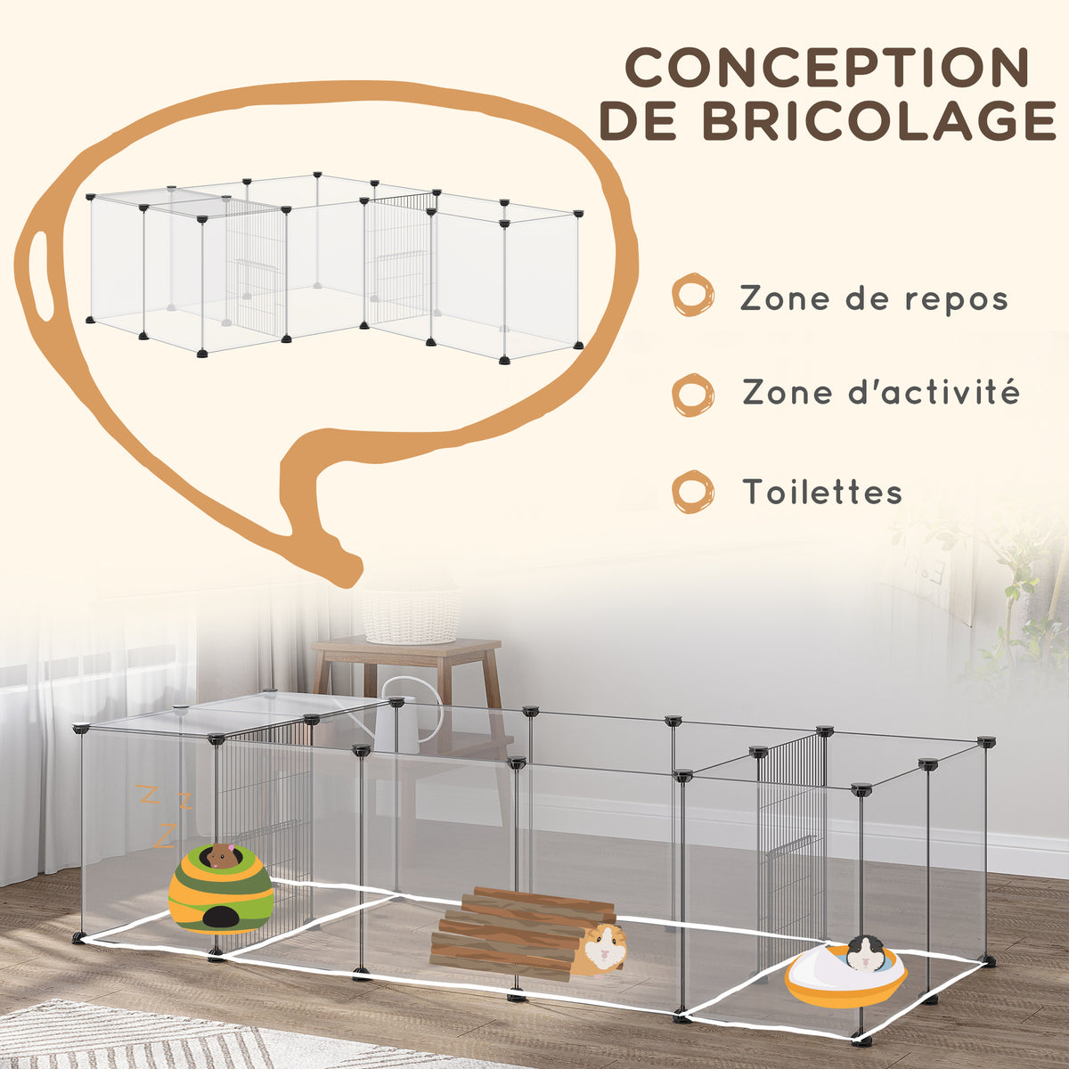 Modulair dierenverblijf voor kleine huisdieren, 20 panelen voor cavia's en egels, 175 x 70 x 45 cm, wit