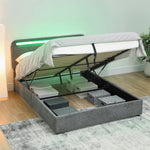 Lit coffre 140 x 190 cm avec éclairage LED, tête de lit réglable, cadre de lit double, sommier à lattes en bois, gris