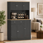 Buffet haut cuisine, armoire de cuisine, station de charge, 6 portes, plan de travail, porte-épices, 100x40x173cm, noir