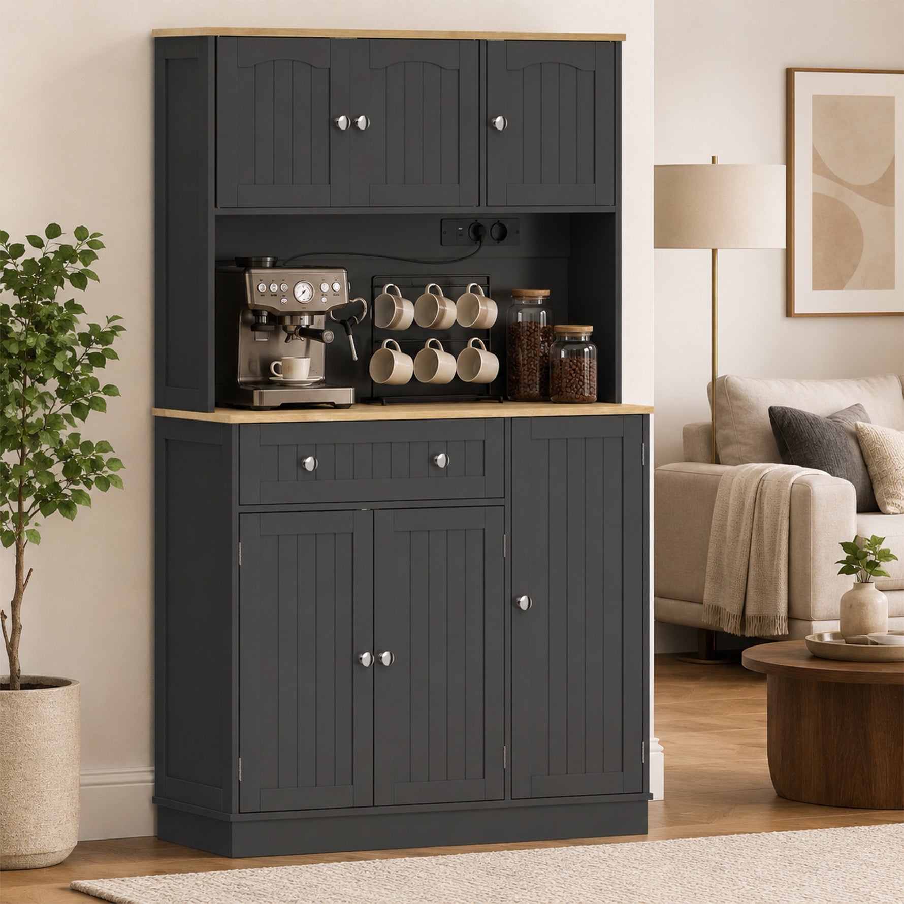 Buffet haut cuisine, armoire de cuisine, station de charge, 6 portes, plan de travail, porte-épices, 100x40x173cm, noir