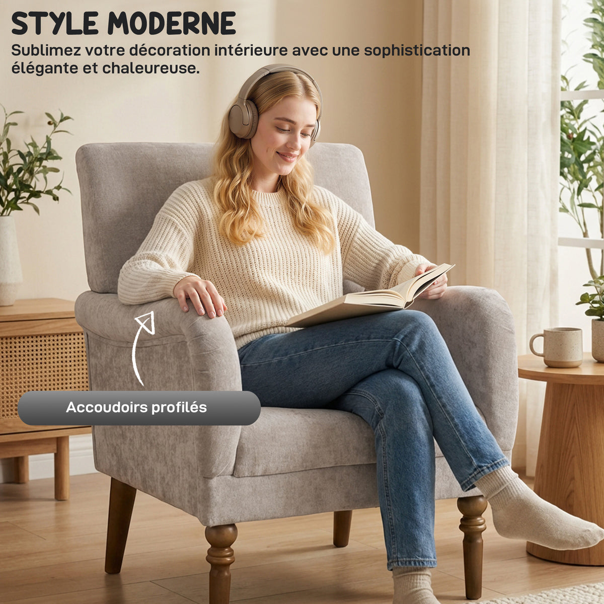 Fauteuil, 1-zitsbank met hoge rugleuning, armleuningen, brede zitting, poten van rubberwood, linnen stof, grijs