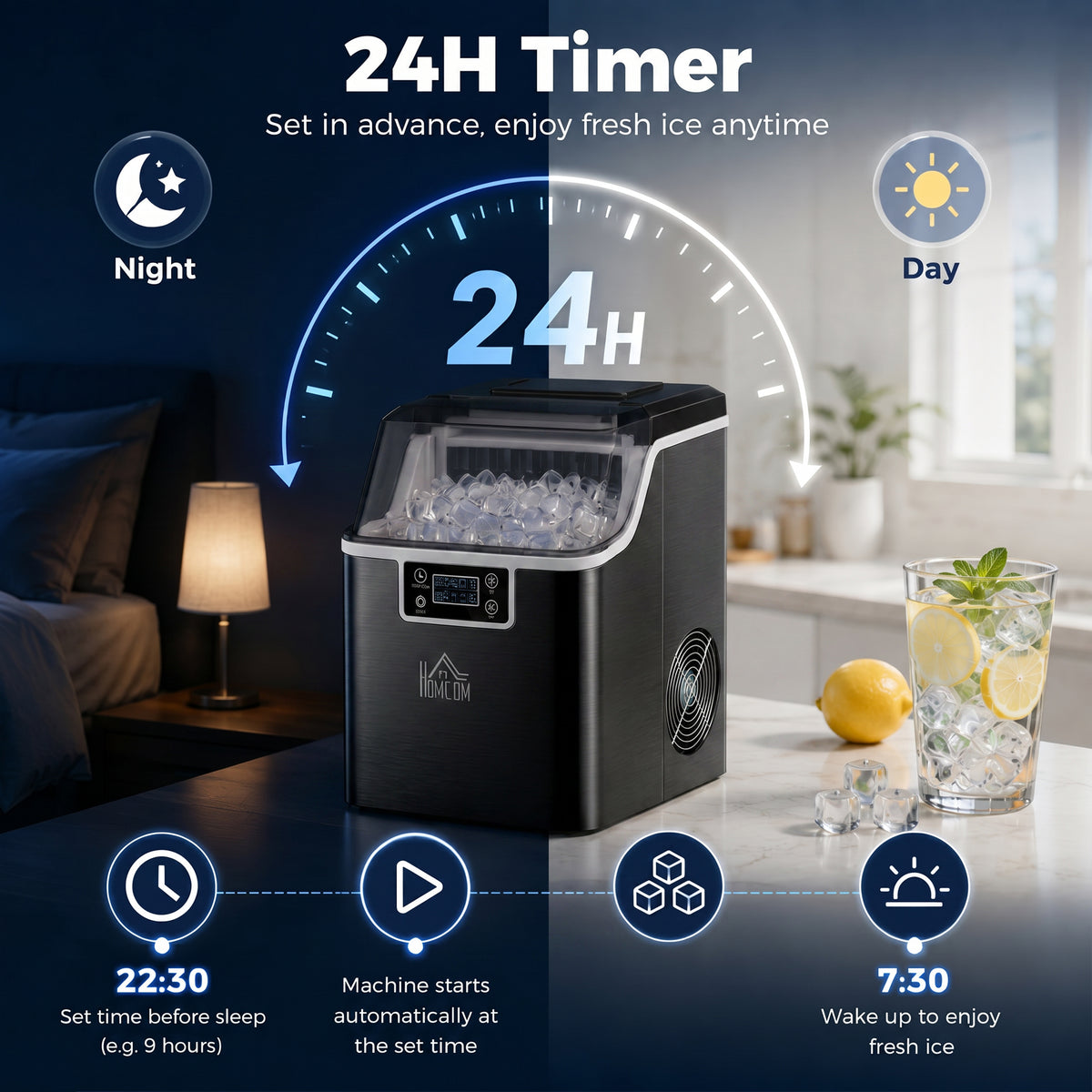 Macchina per il ghiaccio, 20 kg in 24h, 24 cubetti in 14-18 min, ice maker con funzione autopulente, 25,2x36x37,1cm, nero