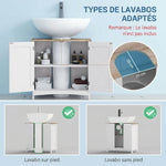 Meuble salle de bain sous lavabo à double portes avec étagères réglables, blanc et bois naturel