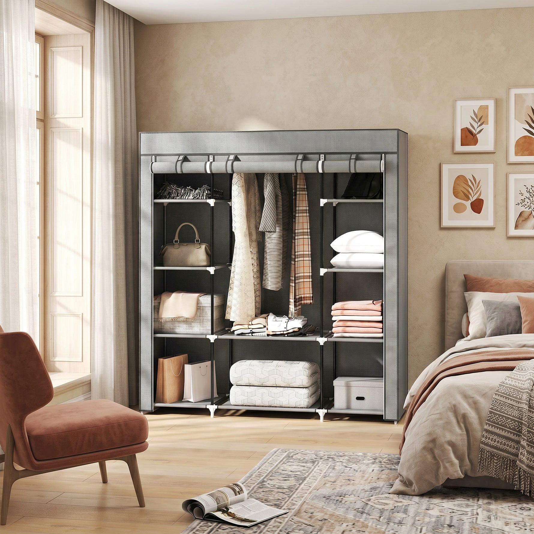 Armoire de rangement penderie en tissu pliable avec barre de suspension et étagères, 150 x 43 x 162,5 cm, gris clair