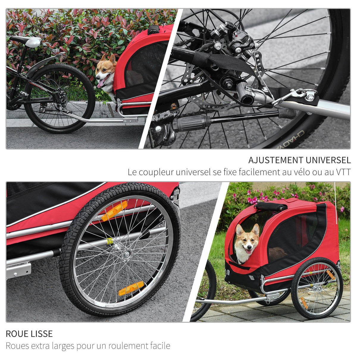 Remolque de bicicleta para perros y mascotas con 8 reflectores y bandera roja, negro