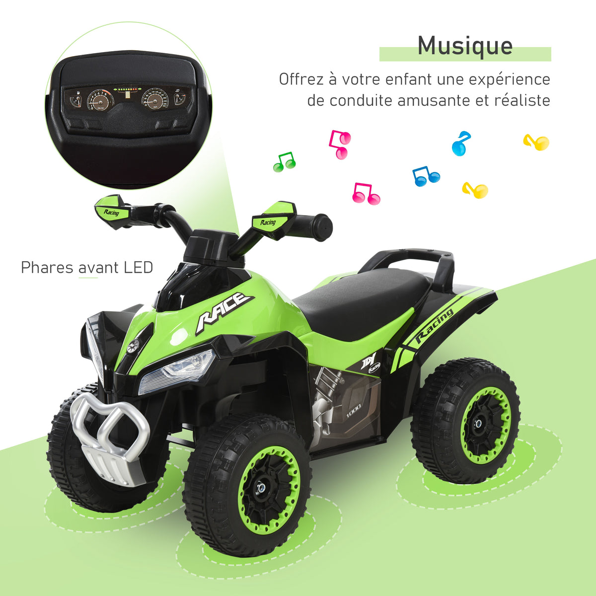 Toddler Quad Ride-on 18-36 Months dim. 67L x 38W x 44H cm Light and Sound Effects Green Black