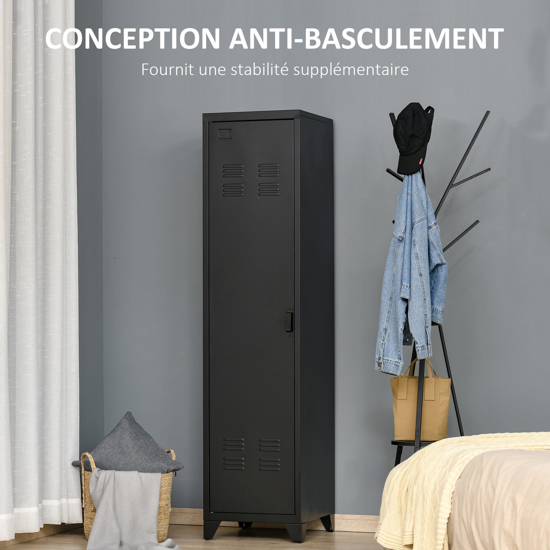 Armoire de Rangement compacte en métal casier style industriel avec 3 étagères, 1 tringle 43L x 50l x 180H cm