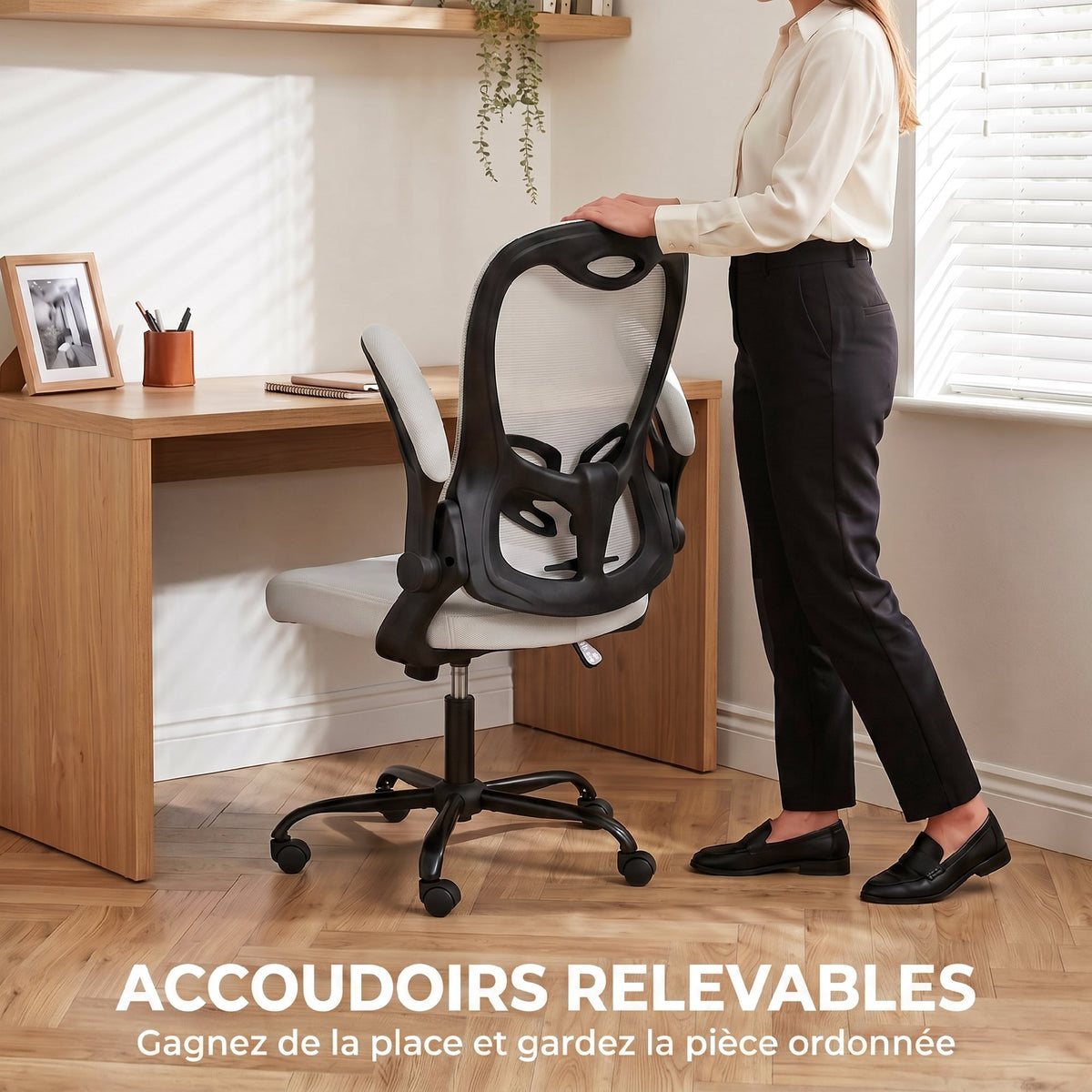 Chaise Bureau Ergonomique, Fauteuil de Bureau Maille, Accoudoirs Relevables, Hauteur Réglable, Fonction Bascule, Gris