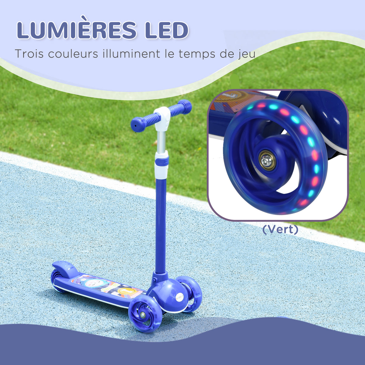 Trottinette enfant 3 Roues Lumineuses LED Hauteur Guidon réglable frein à Friction arrière de 2 à 6 ans Bleu
