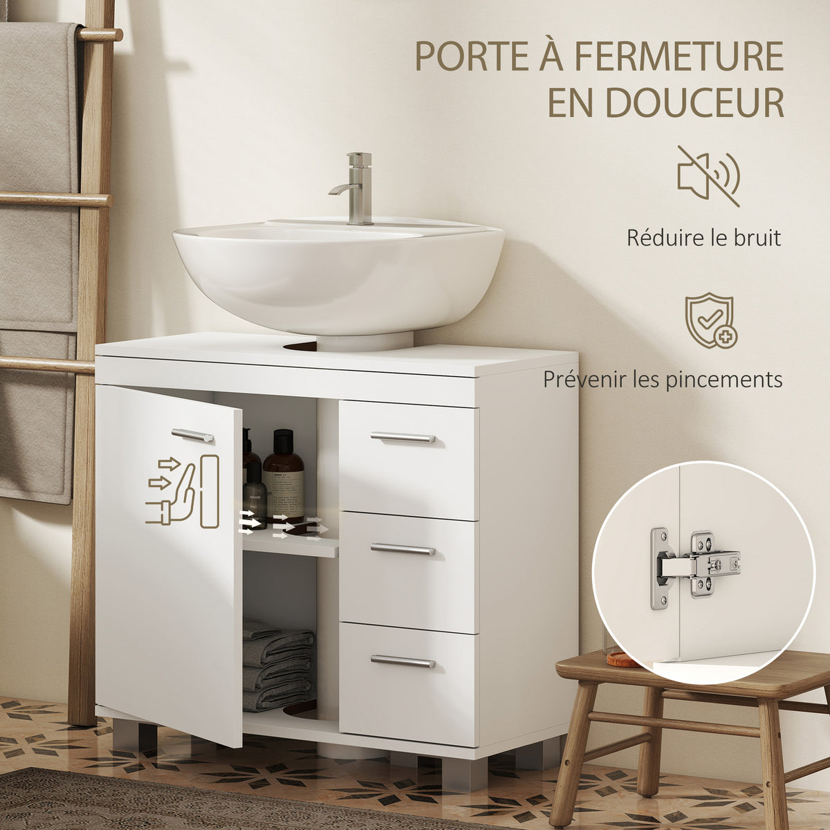 Meuble sous lavabo, meuble de salle de bain avec 3 tiroirs et porte à fermeture amortie, 70 x 30 x 64 cm, blanc