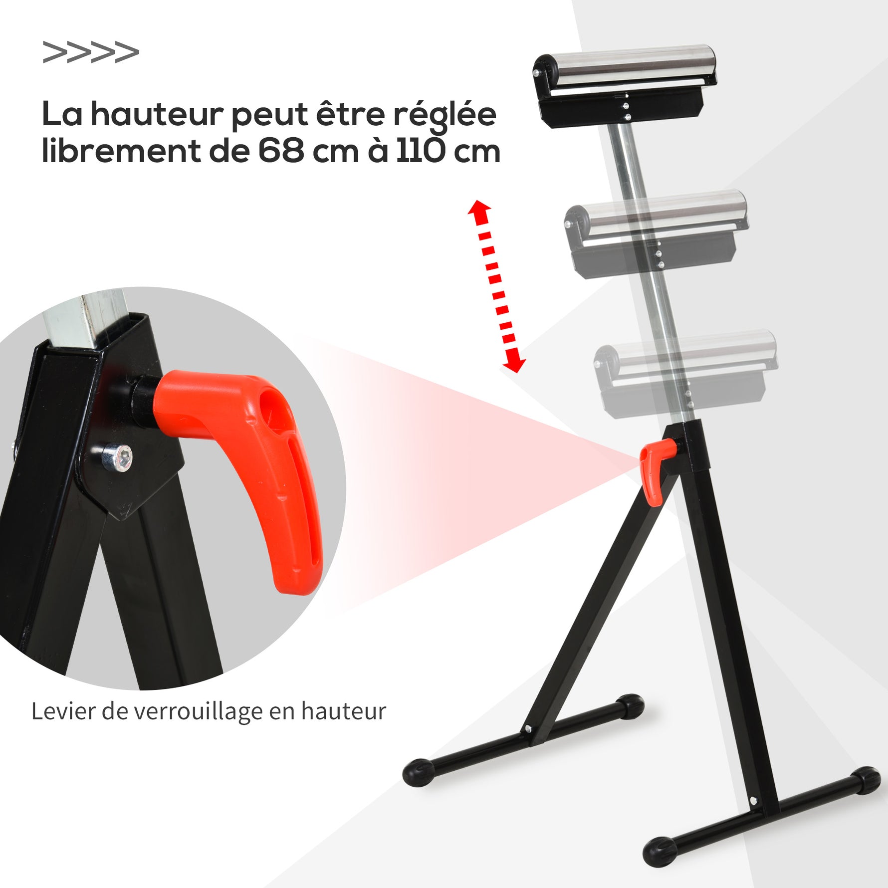 Servante d'atelier à rouleau pliable, support avec rouleau hauteur réglable 68 à 110 cm, charge max. 90 kg, noir