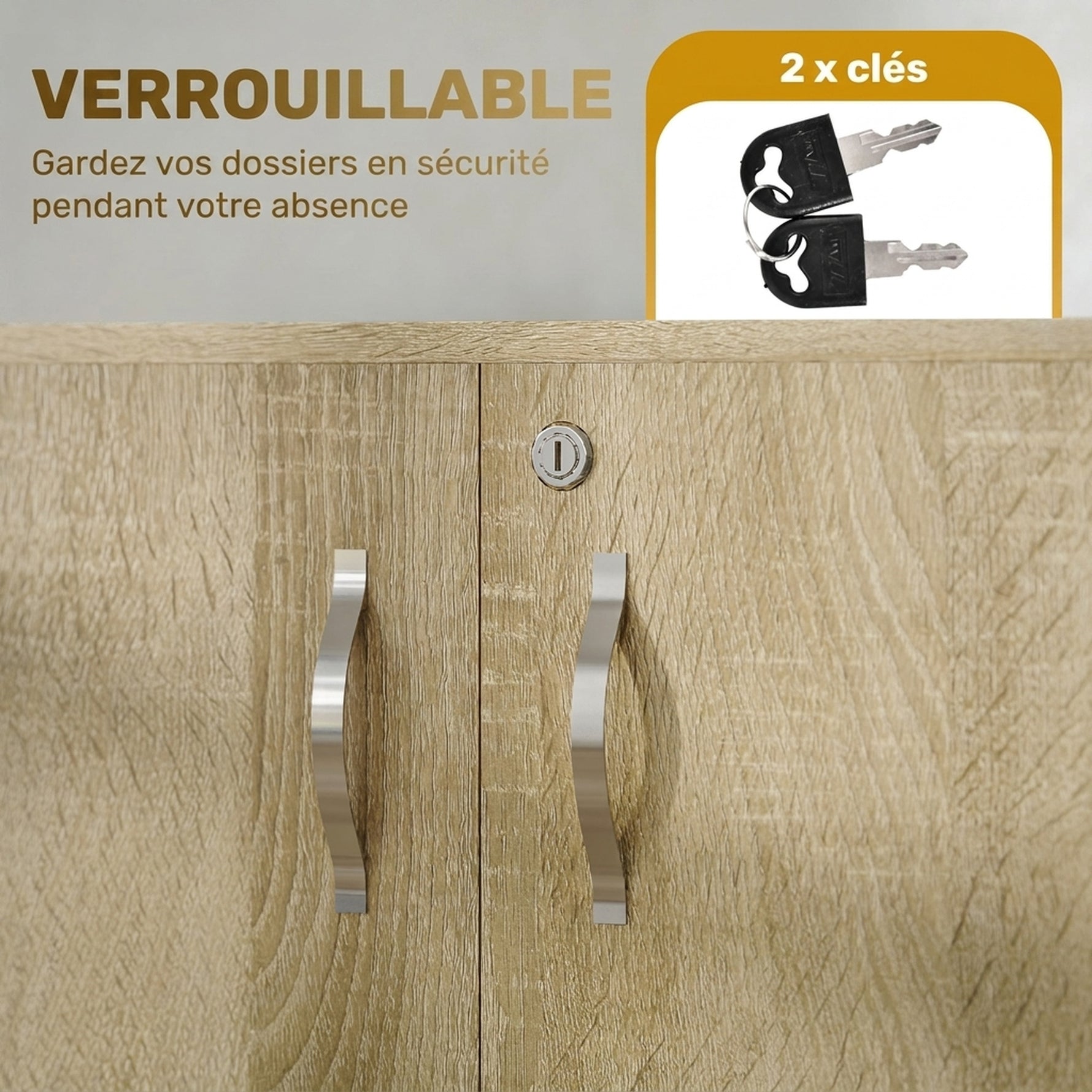 Armoire de bureau à 2 niveaux, meuble de rangement bureau avec 2 portes, serrures et clés, 80x40x80cm, chêne
