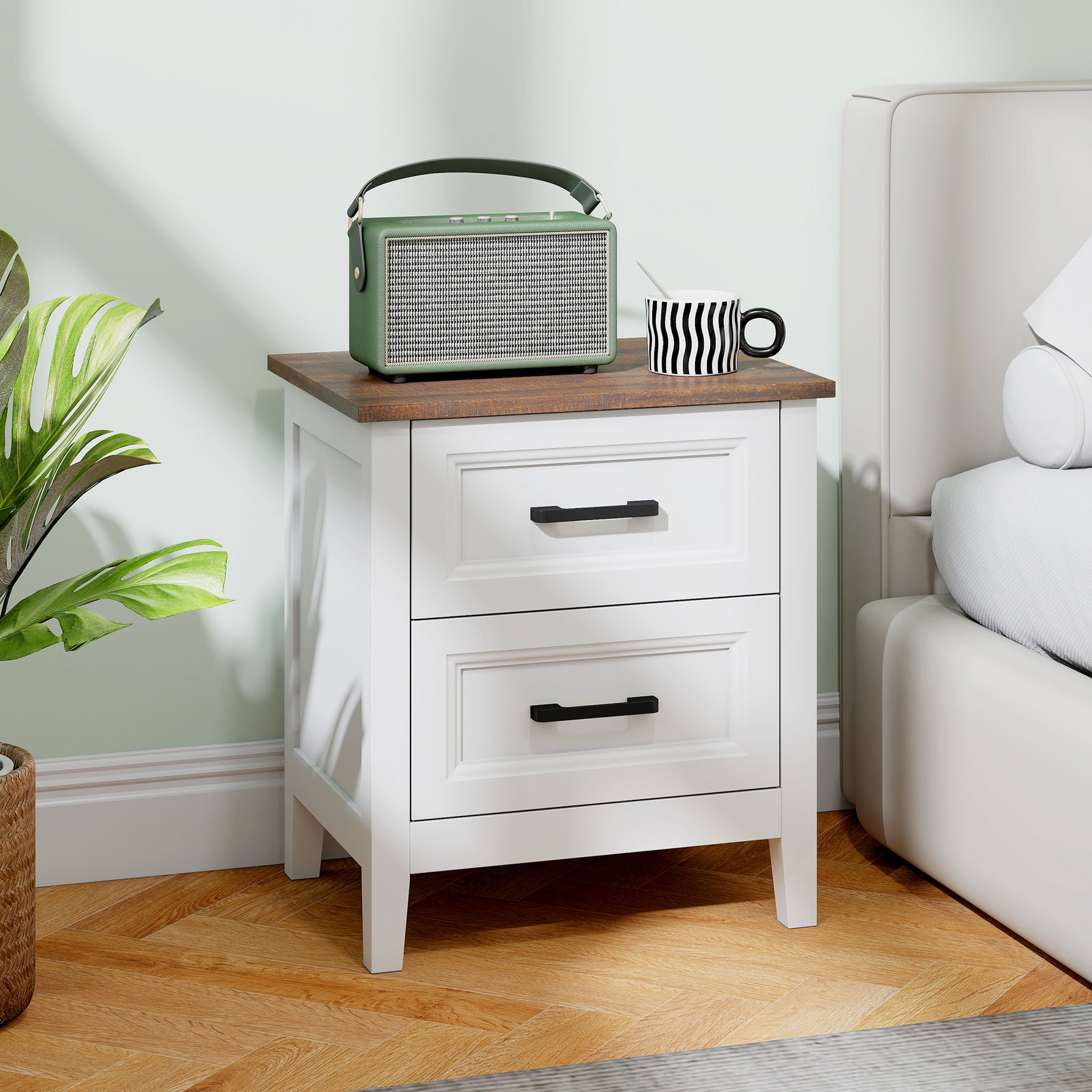 Table de chevet, table de nuit avec 2 tiroirs, plateau effet bois, style rustique, pour chambre à coucher, salon, blanc