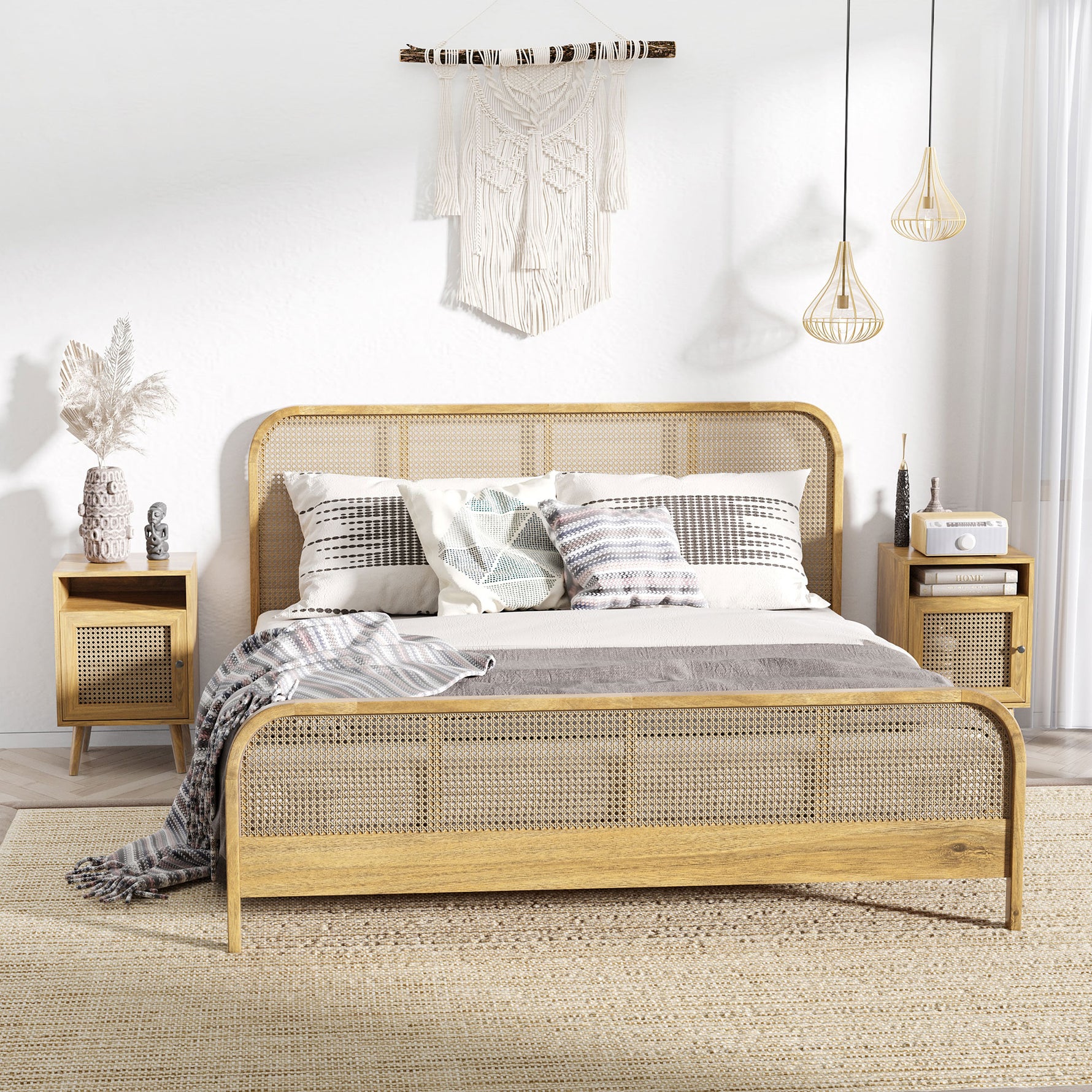 Table de chevet table de nuit avec placard porte cannage et niche design vintage 39 x 35 x 60 cm naturel